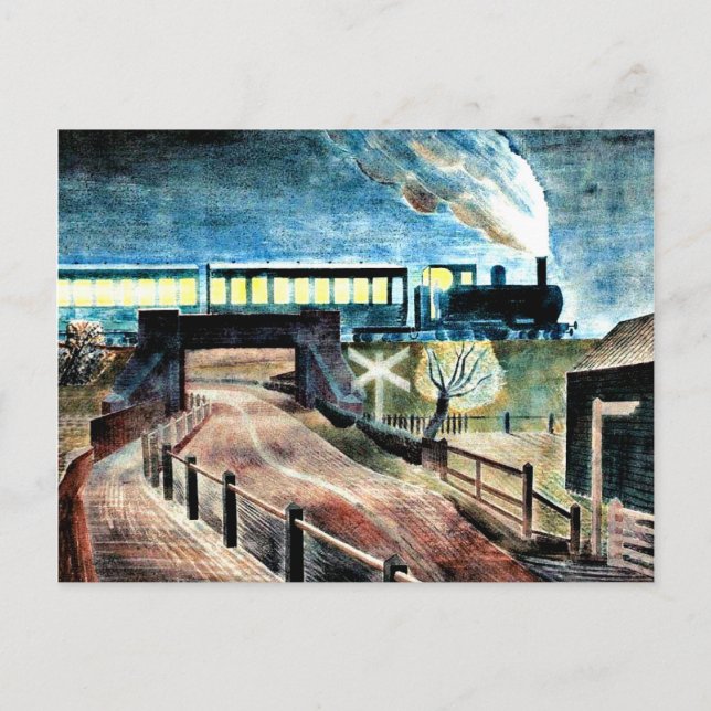 Carte Postale Art ravilieux, Train Traversant le pont la nuit (Devant)
