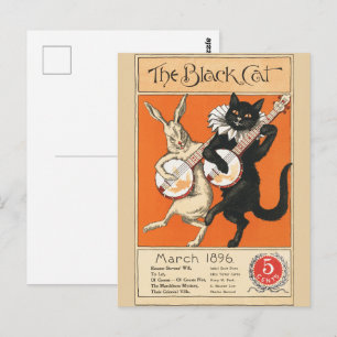 Carte Postale Art rétro banjo chat orange noir lapin blanc