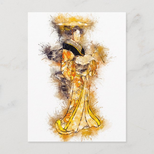 Carte Postale Art traditionnel Geisha Kimono Aquarelle or (Devant)