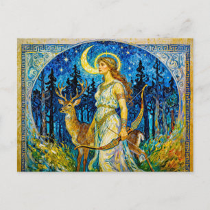 Carte Postale Artémis avec cerf et arc dans une nuit forestière 