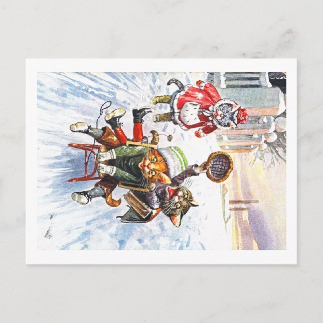 Carte Postale Arthur Thiele - Chats Aller Dormir Sur La Neige (Devant)