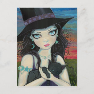Carte postale artistique de la sorcière et du chat