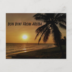 Carte Postale Aruba avec coucher de soleil sur l'eau et le palmi