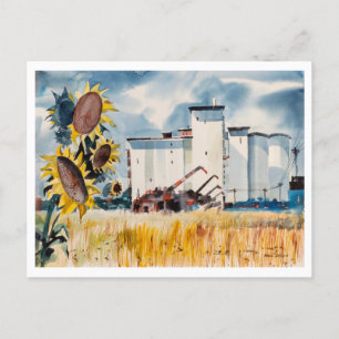 Carte Postale Ascenseur à grains avec peintures de tournesols