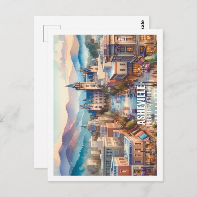 Carte Postale Asheville Caroline du Nord Fameux Lieu aquarelle (Devant / Derrière)