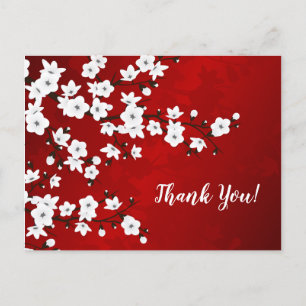 Carte Postale Asie Floral blanc cerise fleurs Merci rouge