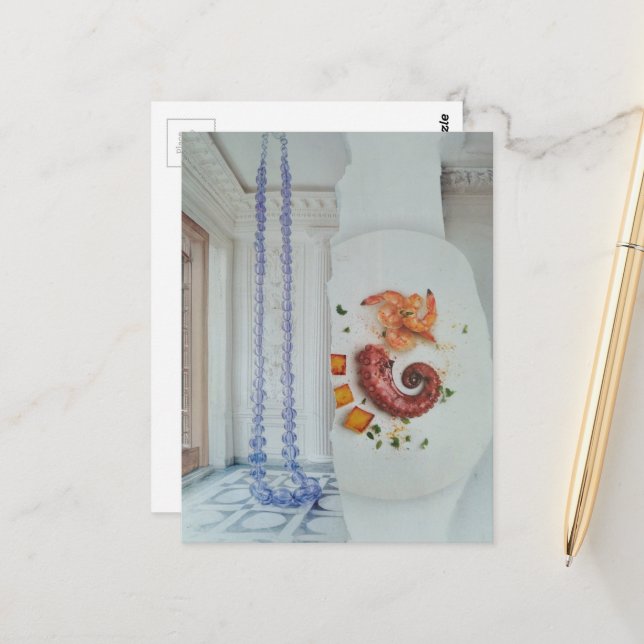 Carte Postale Assiette de fruits de mer dans un collage surréali (Devant/Arrière en situation)