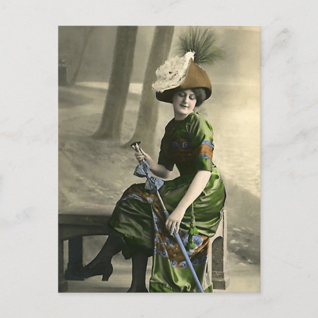 Carte Postale Assise sur le Banc Avec Parapluie (Devant)