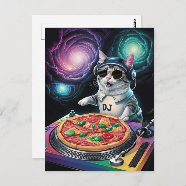 Carte Postale Astronaut Galaxy Planet Space Dj Cat Pizza Kitty   (Devant / Derrière)