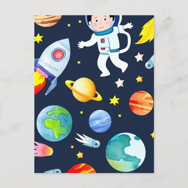 Carte Postale Astronaut in Space Planets and Rockets Pattern (Devant)