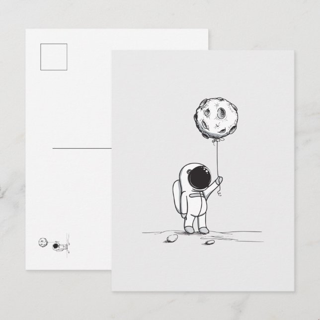 Carte Postale Astronaute dans l'espace avec ballon de lune cosmo (Devant / Derrière)
