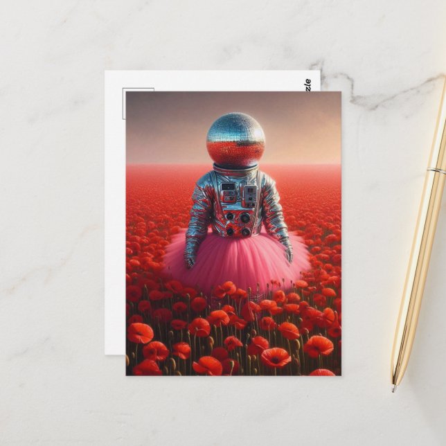 Carte Postale astronaute disco dans un champ de pavot rouge (Devant/Arrière en situation)