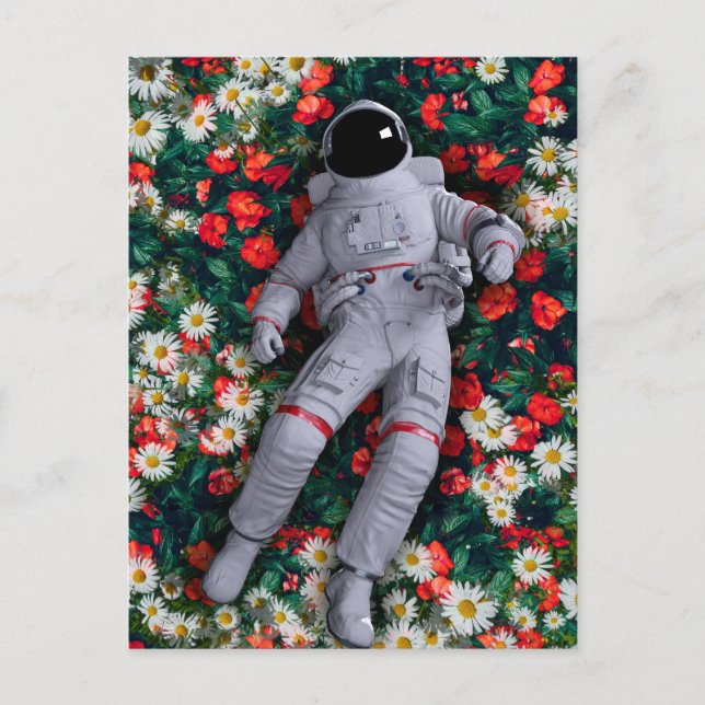 Carte Postale Astronaute en fleurs rouges et blanches (Devant)