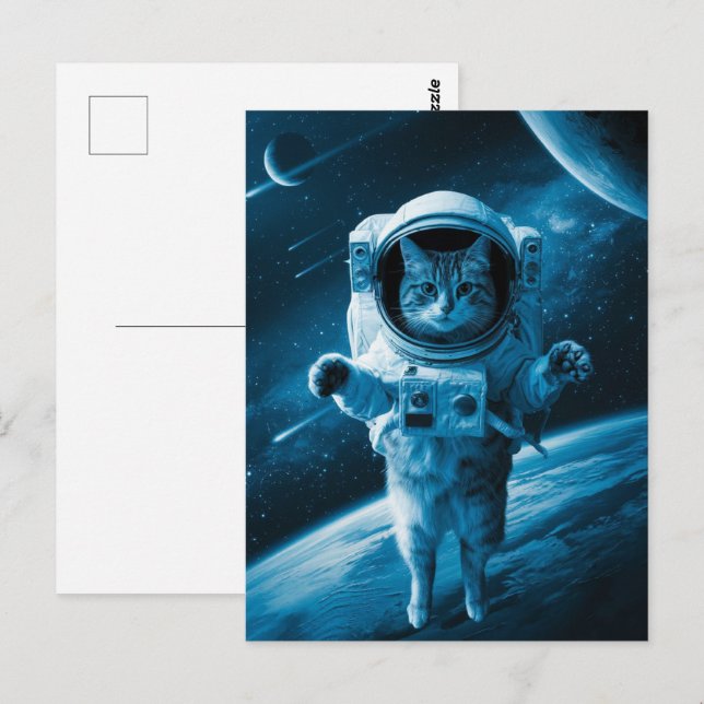 Carte Postale Astronaute Galaxie Planète Espace Chat Chaton Kitt (Devant / Derrière)