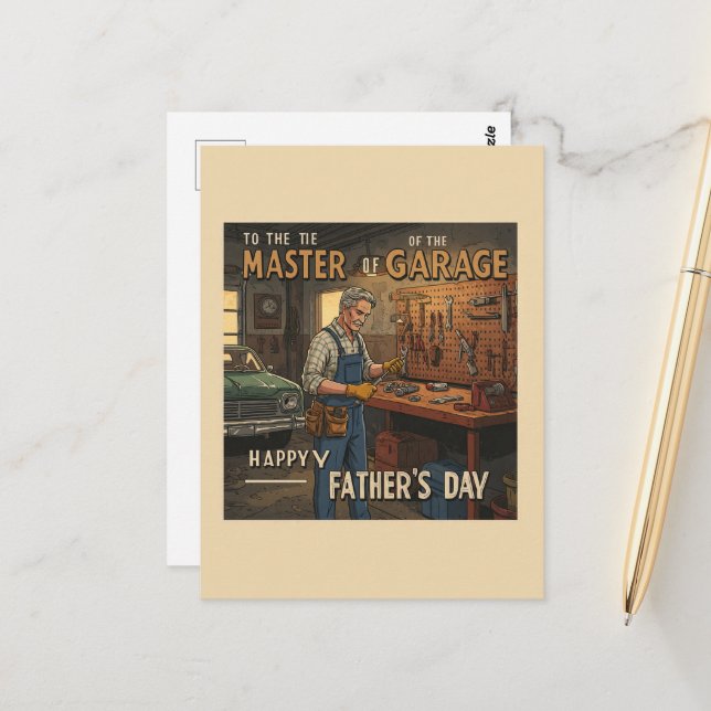 Carte Postale atelier de garage classique pour Fête des pères (Devant/Arrière en situation)