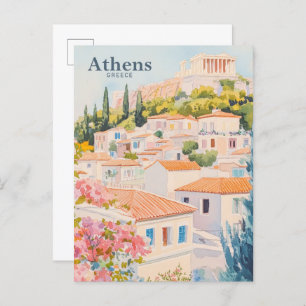 Carte Postale Athènes Grèce Gouache Peinture Illustration Voyage