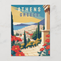 Athènes Grèce Travel Art avec Fleurs rouges