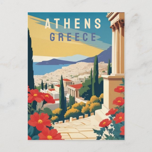Carte Postale Athènes Grèce Travel Art avec Fleurs rouges (Devant)