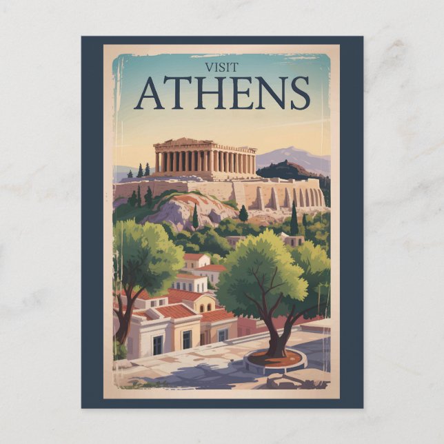 Carte Postale Athènes Illustration Voyage Art Vintage Grèce (Devant)