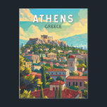 Carte Postale Athens Grèce Travel Art Vintage<br><div class="desc">Athènes design de voyage vectoriel rétro. La ville est encore dominée par des monuments du Vème siècle avant JC,  dont l'Acropole,  une citadelle au sommet d'une colline surmontée de bâtiments anciens comme le temple colonné du Parthénon.</div>