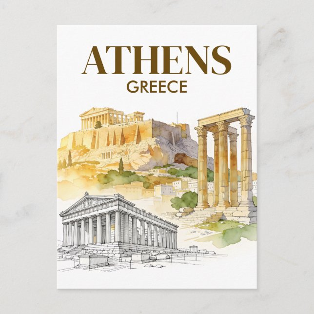 Carte Postale Athens Greece Acropolis Watercolor Sketch Travel (Devant)