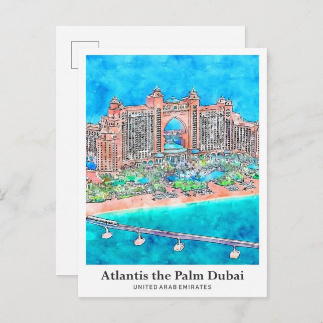 Carte Postale Atlantis Palm Dubai UAE Travel Watercolor (Devant / Derrière)