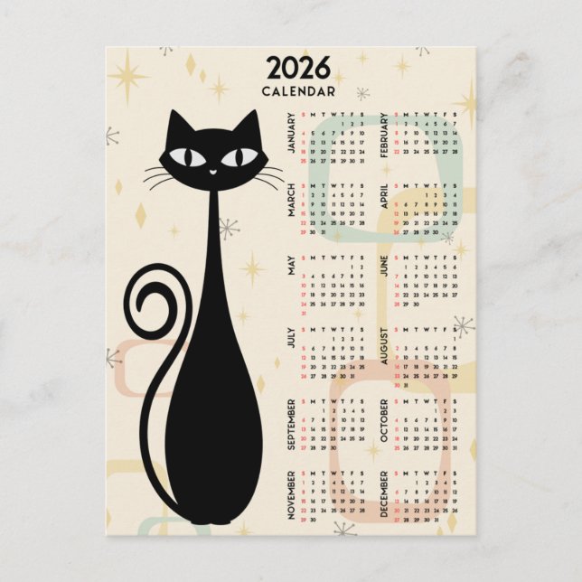 Carte Postale Atomique Rétro Chat Noir Mid Century 2026 Calendri (Devant)