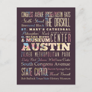 Carte Postale Attractions et endroits célèbres d'Austin, le