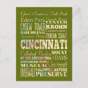 Carte Postale Attractions et lieux célèbres de Cincinnati, Ohio.