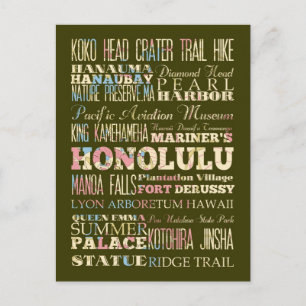 Carte Postale Attractions et lieux célèbres de Honolulu, Hawaii.