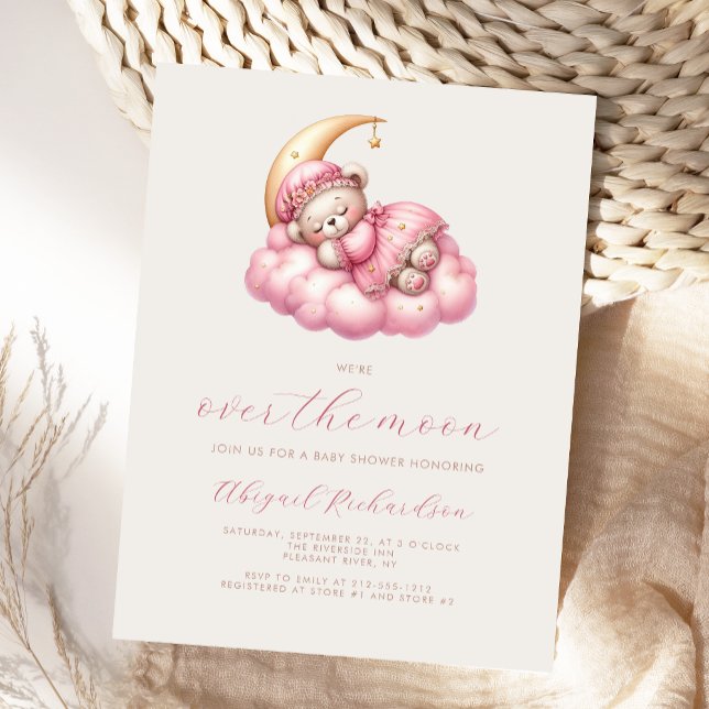 Carte Postale Au-dessus de la lune Teddy ours Baby shower fille  (Créateur téléchargé)