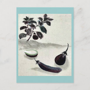 Carte Postale Aubergines avec plante poussant en arrière-plan Uk