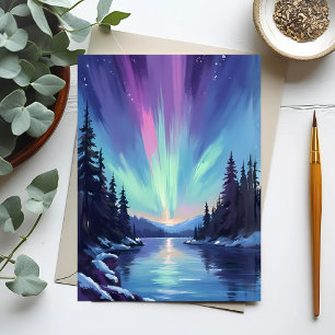Carte Postale Aurora Borealis Lumière du Nord Aquarelle