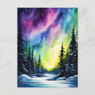 Carte Postale Aurore boréale aquarelle Lumières du Nord 