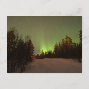 Carte Postale Aurore boréale verte sur forêt enneigée
