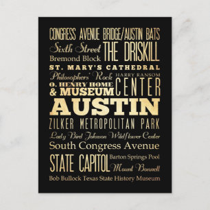 Carte Postale Austin City of Texas State Typography Art