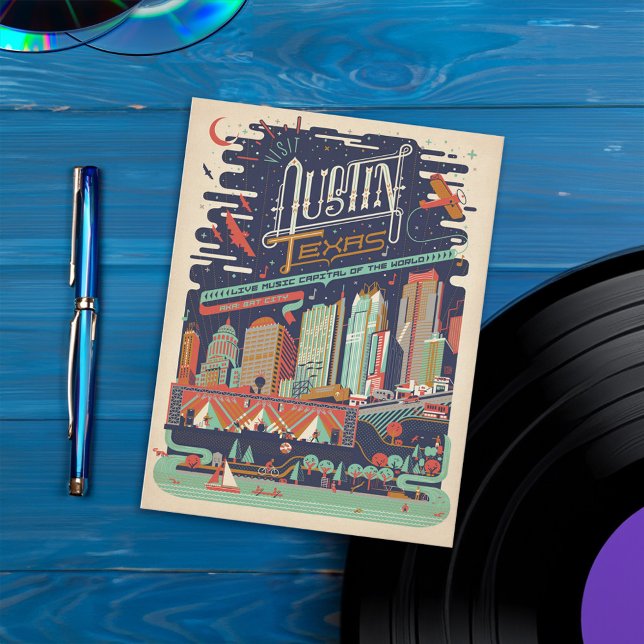 Carte Postale Austin, Texas - AKA : Bat City (Card on table)