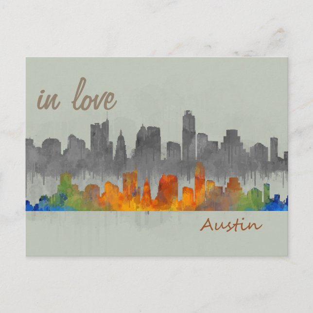 Carte Postale Austin Texas aquarelle skyline dans ville d'amour (Devant)