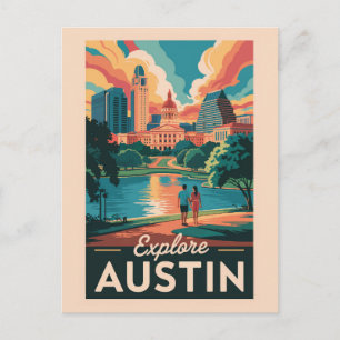Carte Postale Austin Texas Skyline Voyage Art Rétro