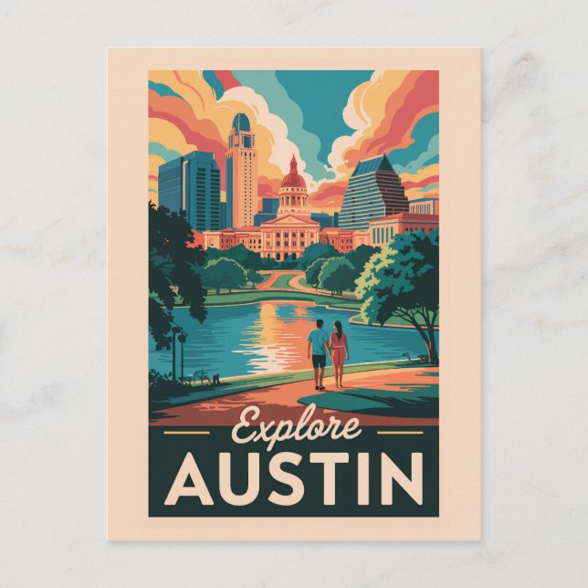Carte Postale Austin Texas Skyline Voyage Art Rétro (Devant)