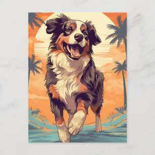 Carte Postale Australian Shepherd sur une plage tropicale