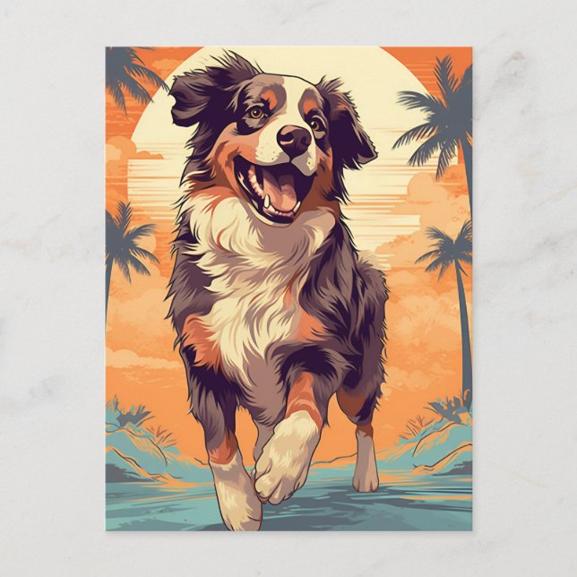 Carte Postale Australian Shepherd sur une plage tropicale (Devant)