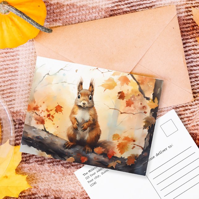 Carte Postale Automne à New York / Écureuil aquarelle à Central  (Fall in NY / Watercolor squirrel in Central Park Postcard)