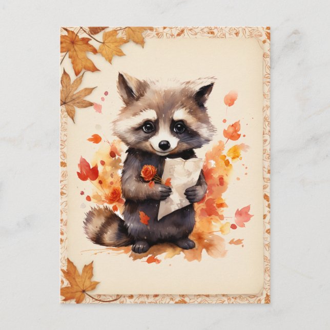 Carte Postale Automne Aquarelle Raccoon tenant une lettre - (Devant)