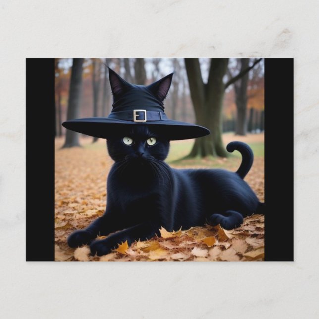 Carte postale Automne Cat Holiday (A black cat wearing a witch's hat lounges gracefully on a bed of autumn leaves.)