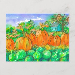 Carte Postale Automne Citrouille Gourtes récolte Aquarelle