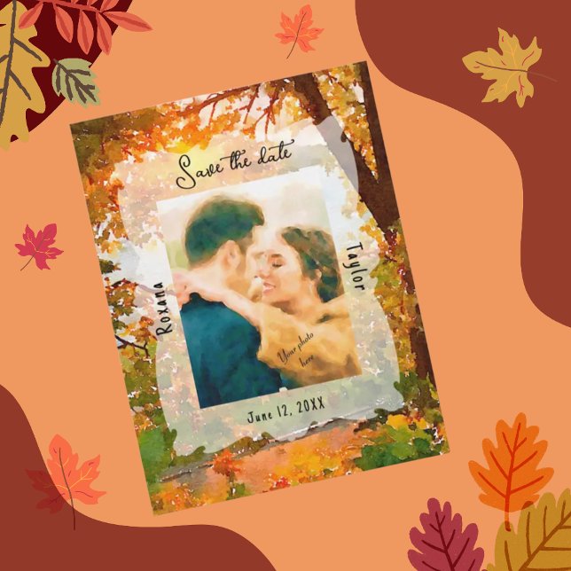 Carte Postale Automne Feuilles Mariage Photo Enregistrer la date (Créateur téléchargé)