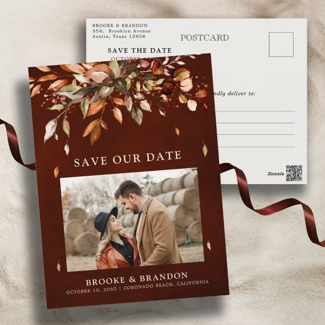 Carte Postale Automne Feuilles Rustique Pays Enregistrer la date (Fall autumn leaves wedding photo save the date customizable postcard. )