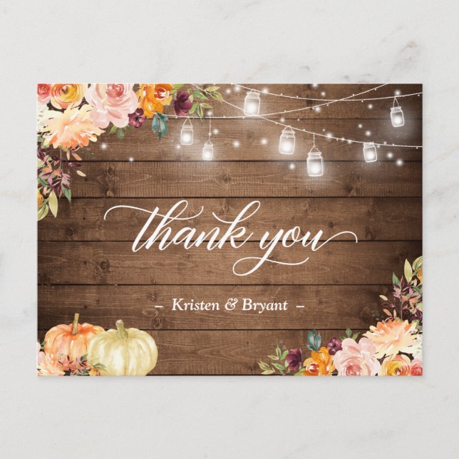 Carte Postale Automne Floral Mason Jar Lights Mariage Merci (Devant)