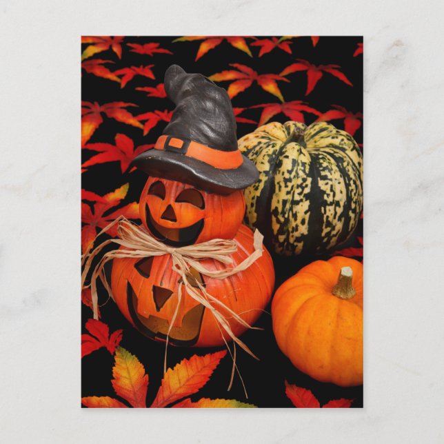 Carte Postale Automne Halloween Citrouilles et Feuilles d'automn (Devant)